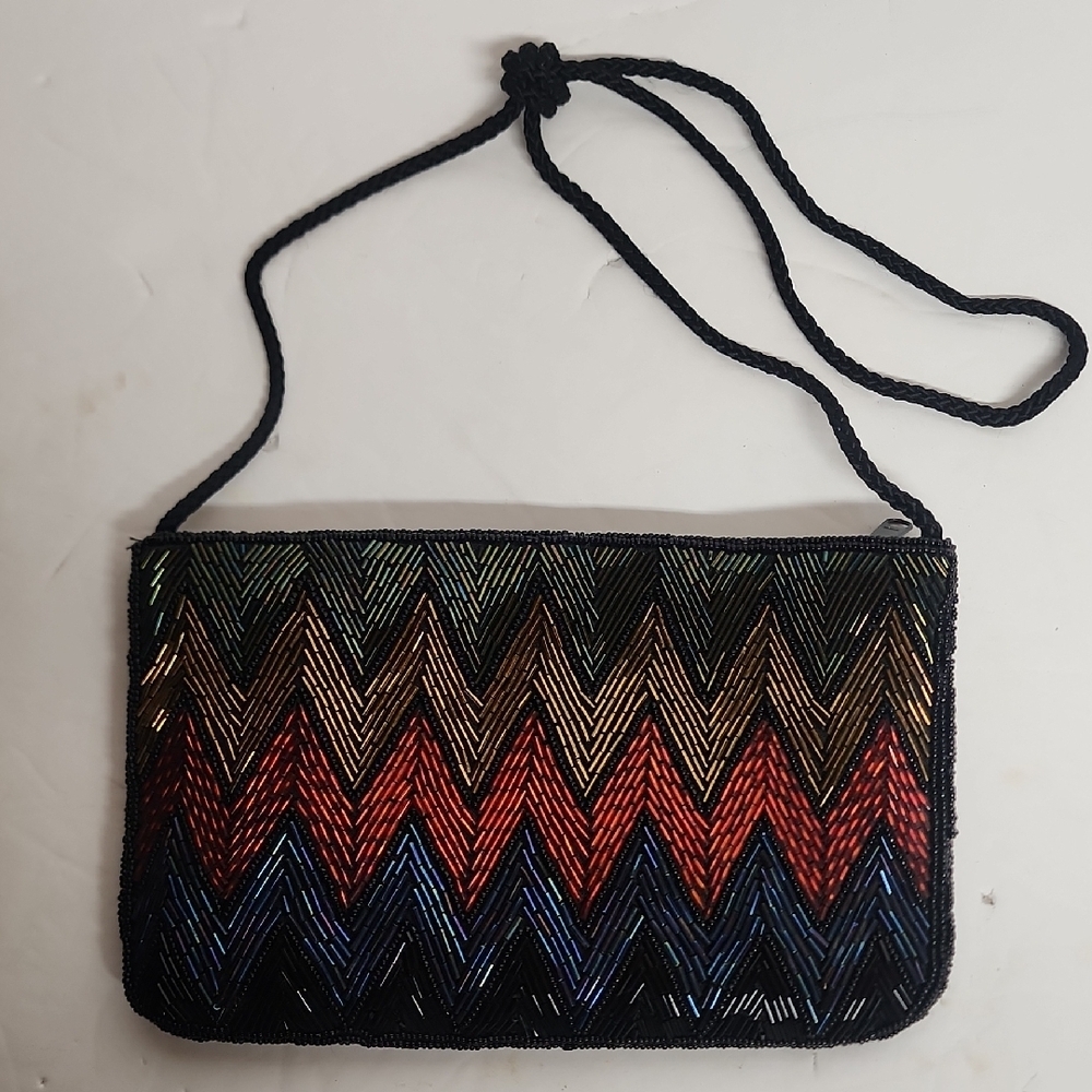 Vintage Handmade Multicolor Chevron Pattern Beaded Evening Bag/Clutch Classy